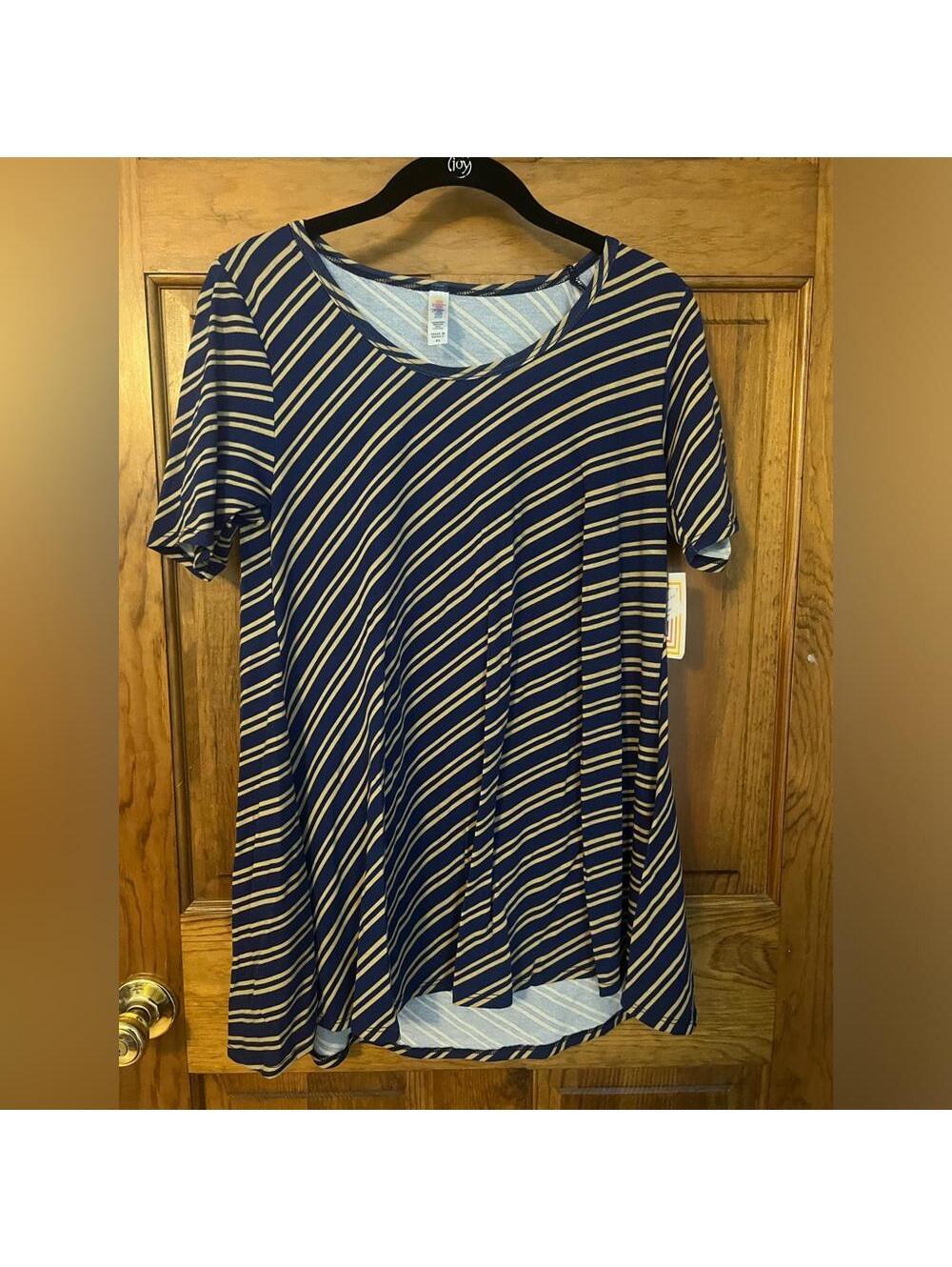 LuLaRoe Perfect T Shirt Tunic Top T Blue Stripes Flowy Blouse Slits Scoop XS NWT